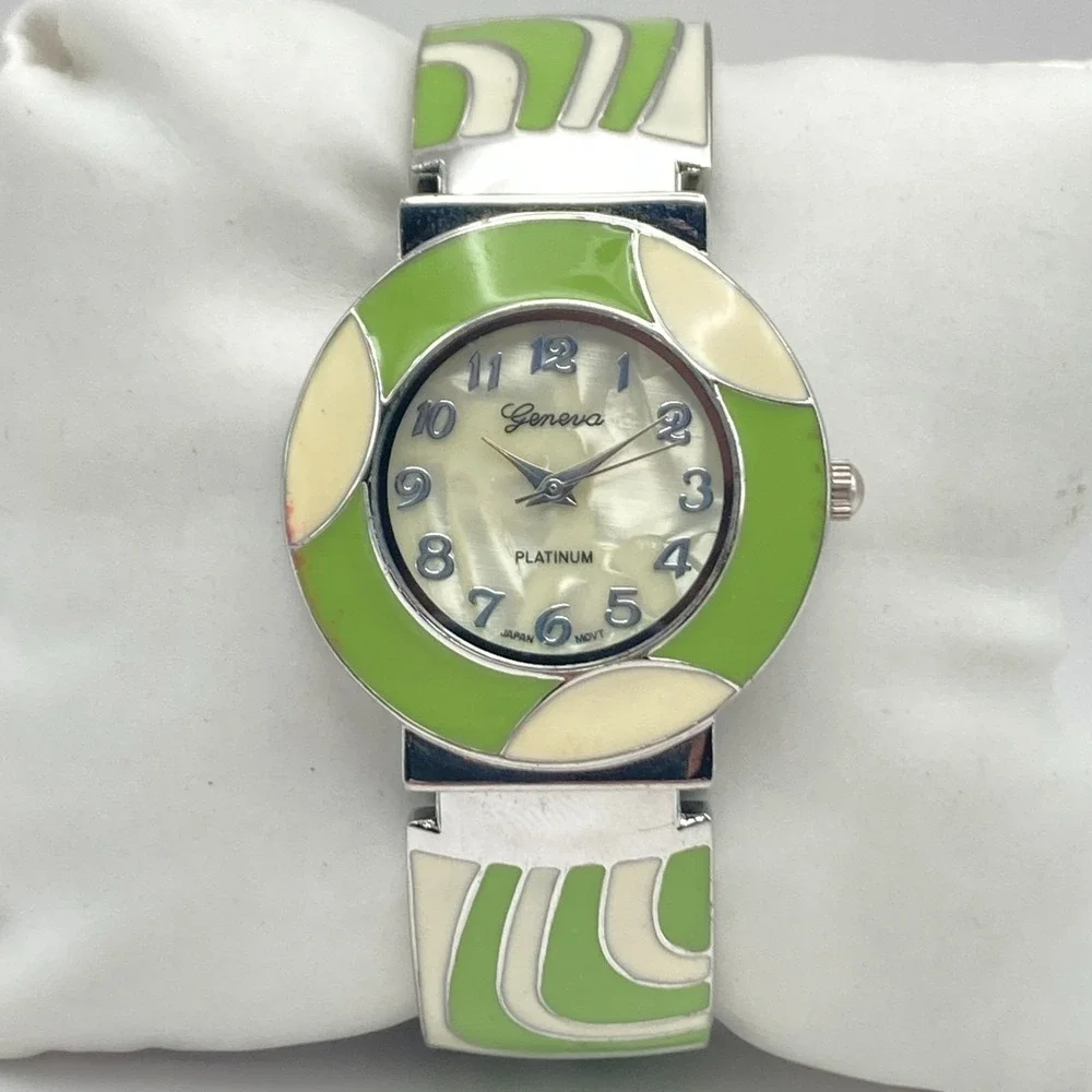 Geneva Women's Watch Silver Tone Green Enamel Look Cuff MOP New Battery SMALL 6